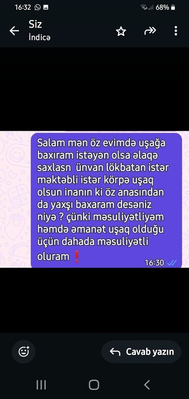 няня на час вакансии: Uşaq baxımı xidməti – Lökbatan - Öz evimdə uşağa baxım. - Məkəbəbli