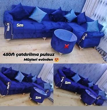 Mavi rəngli künc divan dəsti - Parlaq məxmər/velur tipli parçadan -