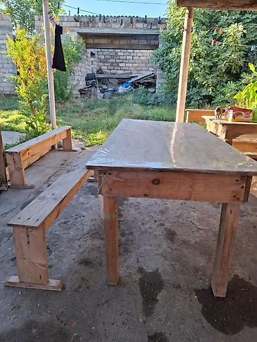 təbii yolka ağacı: Taxta bağ-baca masa və skamya dəsti - Material: tamamilə təbii — 1
