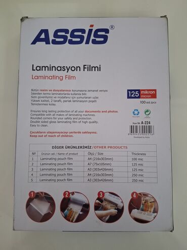 Reklam, çap: A4 laminasiya plyonkası. 1 paçkada 100 ədədi 12 azn