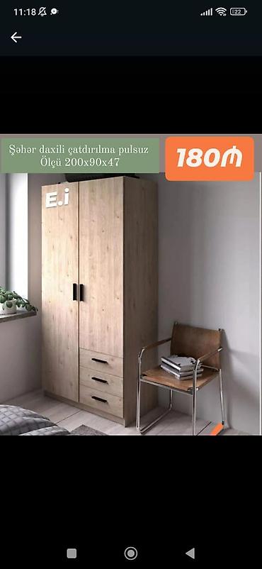 Ev üçün mebel: İki qapılı paltar şkafı - Ölçü: 200x90x47 sm (şəkildə göstərilib) - — 1