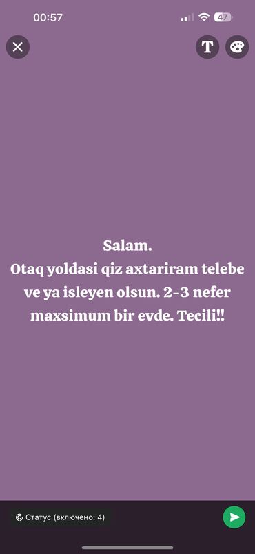 nərimanov kirayə evler: Salam. Otaq yoldasi qiz axtariram 2-3 nefer maxsimum bir evde. Telebe