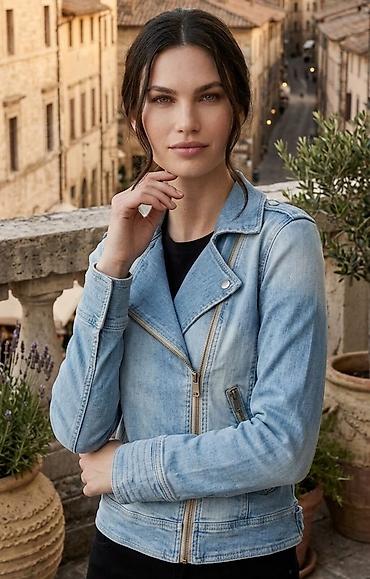 bele jakne: Ženska teksas jakna – svetloplava, moto kroj - Materijal: denim — 1