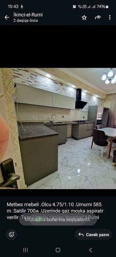 Masalar: Metbex mebeli .Olcu 4.75/1.10 .Umumi 585 m .Satilir 700₼ .Uzerinde qaz