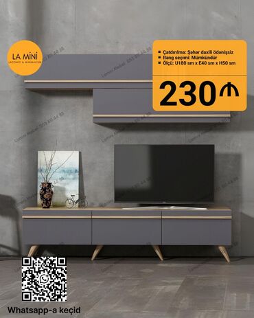 Sifarişlə dolablar: Düz TV altlığı, Polkalı, Laminat