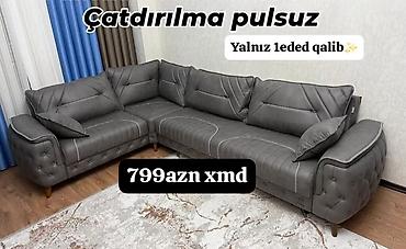 Divanlar: Künc divan – müasir dizayn, boz rəng, dekorativ tikiş və düymə — 1
