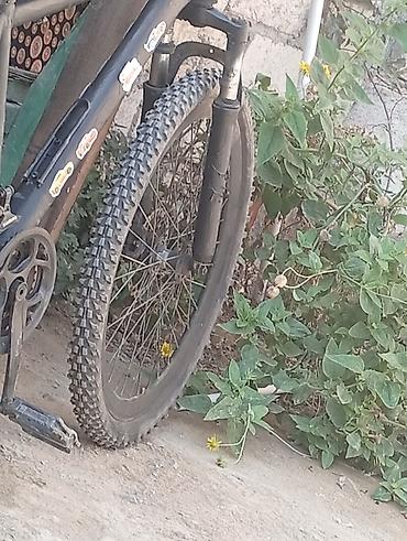 Dağ velosipedi. Qara rəngli çərçivəyə malikdir. Ön hissədə
