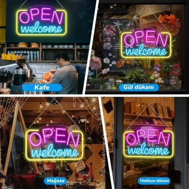 Lampalar: Neon "Open Welcome" lövhəsi mağazalar, kafelər və ya hədiyyə dükanları