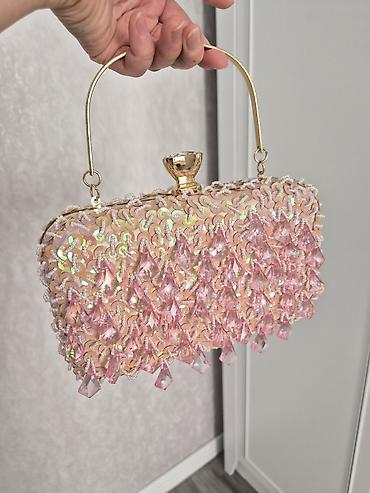 toy sumkalari: Məhsul: Pink Sequins Top Handle Evening Box Clutch Purse With Chain — 4