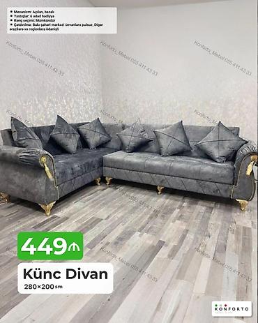 Диваны: Künc divan – 280×200 sm - Mekanizm: açılan, bazalı (yataq funksiyalı — 1
