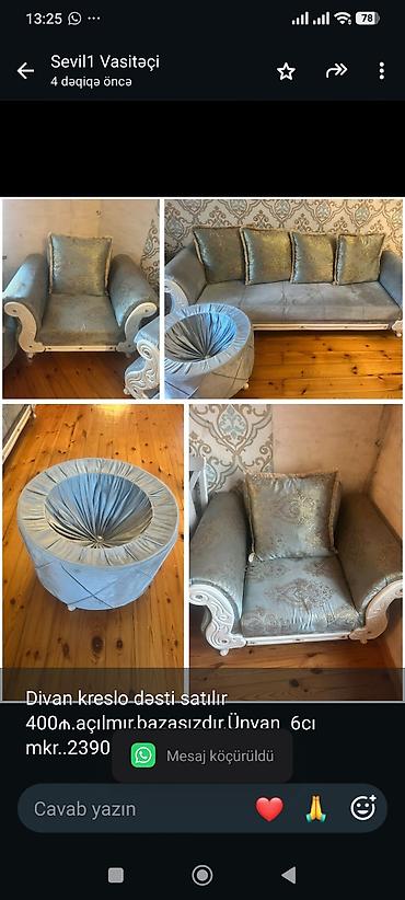 Divan kreslo dəsti satılır 400₼.açılmır,bazasızdır.Ünvan 6cı