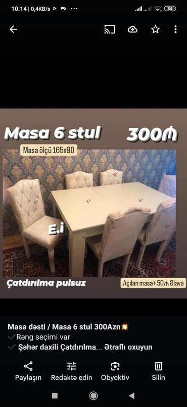 Masa və oturacaq dəstləri: Qonaq otağı üçün, Yeni, Açılmayan, Dördbucaq masa, 6 stul — 19