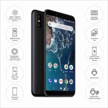 xiaomi mi a 2 lite qiymeti: Xiaomi Mi2A, rəng - Qara, 
 Sensor, Barmaq izi, İki sim kartlı