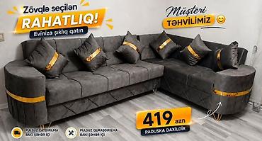 угловой диван в баку: Müasir dizaynlı L formalı yumşaq künc divan. Tünd boz rəngli parça — 1