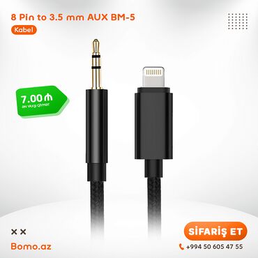 Kabellər və adapterlər: 📦 8 Pin to 3.5 mm AUX Audio Adapter Cable Kabel BM-5 🏷️ 7.00 ₼