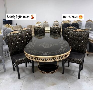 Masa və oturacaq dəstləri: Qonaq otağı üçün, Yeni, Açılmayan, Dördbucaq masa, 6 stul — 6