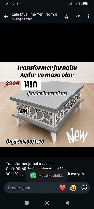 Sifarişlə mebel: Transformer jurnal masalar. Ölçü: 90*60 bağlı vəziyyətdə H38 90*120 — 1