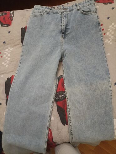 женские джинсовые юбки на пуговицах: Klassik açıq mavi rəngdə denim cins şalvar - Kəsim: düz/relaxed fit