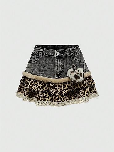 leopard 7: Юбка, Модель юбки: Трапеция, Мини, Джинс, Высокая талия — 2