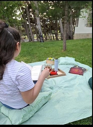 heyet stolari: Piknik dəsti – yumşaq doldurmalı, kvadrat naxışlı yaylıq və yastıqlar — 3