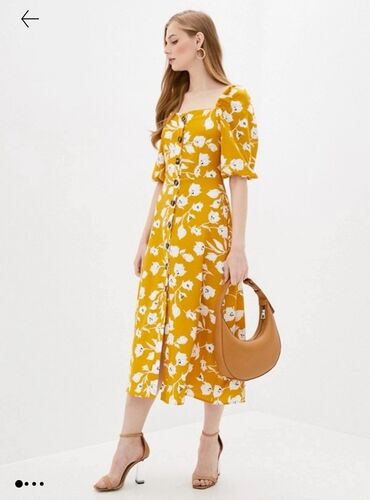 Gündəlik donlar: Sarı rəngdə, ağ çiçək printli midi don 🌼 Xüsusiyyətlər: Kvadrat