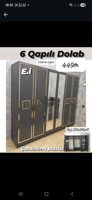 Dolablar: Açılan, 6 qapı Düz dolab, Qarderob, paltar dolabı — 2