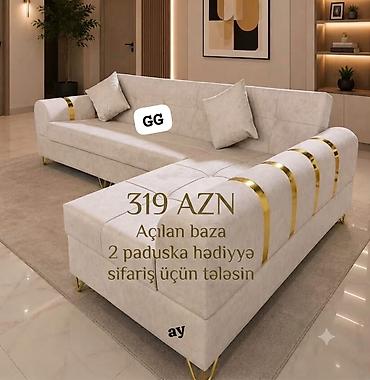Künc divan – açılan baza funksiyalı. - Yumşaq krem rəngli parça üzlük