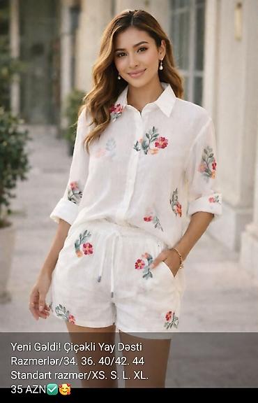 mango xs: Çiçək naxışlı yay dəsti – köynək və şort komplekti - Rəng: ağ əsas — 1