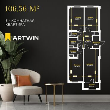 купить квартиру в строящемся доме в бишкеке: 3 комнаты, 107 м², Элитка, 17 этаж, ПСО (под самоотделку)