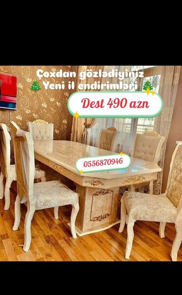 Masa və oturacaq dəstləri: Qonaq otağı üçün, Yeni, Dördbucaq masa, 6 stul — 4