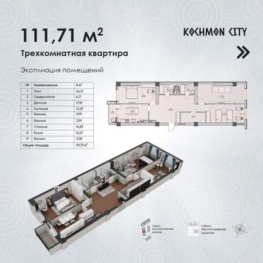 купить квартиру студию от застройщика: 3 комнаты, 112 м², Элитка, 7 этаж, ПСО (под самоотделку)
