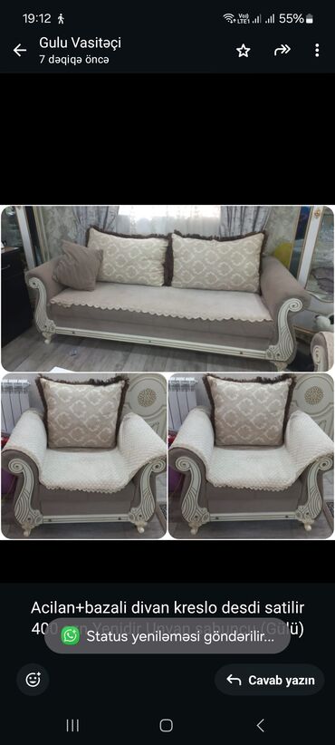 divan üçün parçalar: İşlənmiş, Divan, 2 kreslo, Bazalı, Açılan