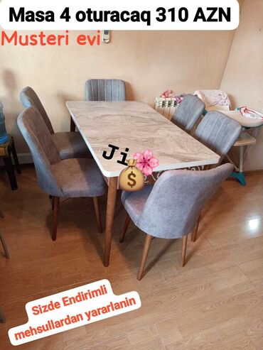 Masa və oturacaq dəstləri: Mətbəx üçün, Açılmayan, Dördbucaq masa, 6 stul