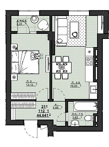 12: 1 комната, 44 м², АУЦА Элитка, 12 этаж, ПСО (под самоотделку) — 4