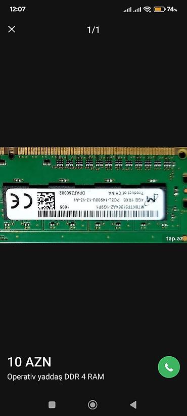 Operativ yaddaş (RAM): Operativ yaddaş (RAM) – DDR4, 4 GB Xüsusiyyətlər: - Növ: DDR4 DIMM - — 1