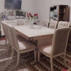 деревянные столы стулья: Qonaq otağı üçün, İşlənmiş, Kvadrat masa, 8 stul