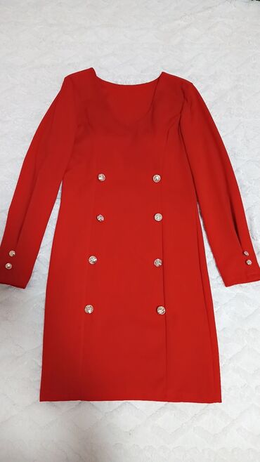 čipkaste haljine svecane haljine do kolena: S (EU 36), color - Red, Evening, Long sleeves