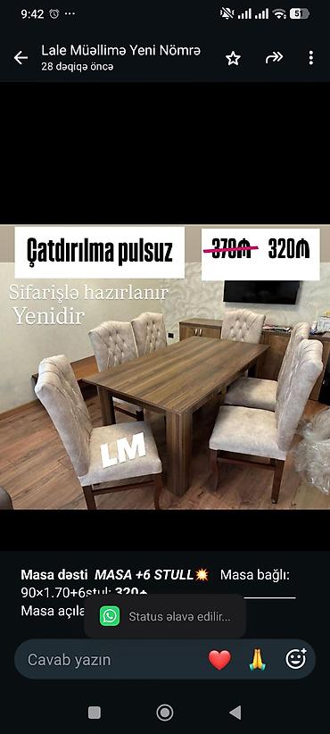 *Masa dəsti* _*MASA +6 STULL💥*_ Masa bağlı: 90×1.70+6stul: *320₼*