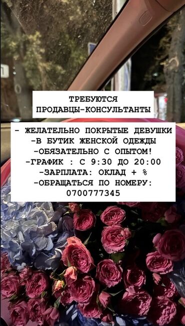 на работу не влияет: Талап кылынат Сатуучу консультант га Кийим-кече дүкөнү, Иш тартиби: Нөөмөттүк график, Нормадан артык иштегендигине төлөө, Толук жумуш күнү