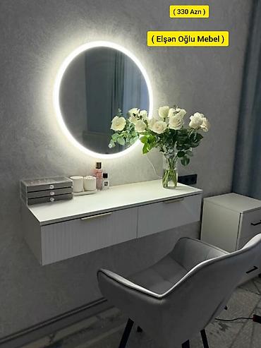 LED işıqlı dairəvi güzgülü makiyaj masası dəsti - Divara montaj