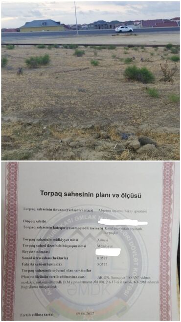 Torpaq sahələrinin satışı: Abşeron rayon Saray qes.Torpaq satilir 5.7 sotdu.1 sotu 9500_azn.Yolun