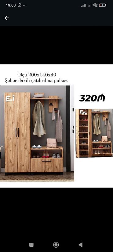 Ev üçün mebel: Dəhliz dolabı və asılqan dəsti - Ölçü: 200x140x40 sm - Material: ağac — 1