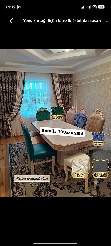 Qonaq otağı üçün, Yeni, Açılmayan, Dördbucaq masa, 6 stul