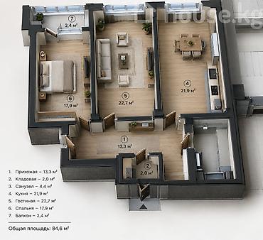 Продажа квартир: 2 комнаты, 84 м², Азия Молл Элитка, 9 этаж, ПСО (под самоотделку) — 4