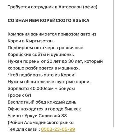 менеджер по продажам вакансия: Талап кылынат Сатуучу консультант га Унаа салону, Иш тартиби: Алты күндүк, Сатуудан %, Толук жумуш күнү