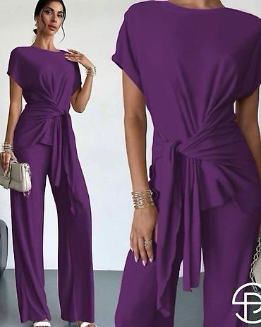 helanke elastina: Damski dvodelni komplet – elegantna bluza i pantalone sa širokim — 6