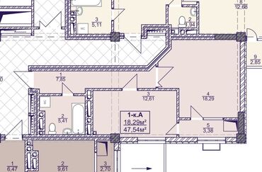 1 комнатная квартира без мебели: 1 комната, 47 м², Элитка, 6 этаж, ПСО (под самоотделку)