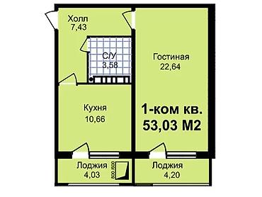 1 комната, 53 м², Технопарк Элитка, 7 этаж, ПСО (под самоотделку)