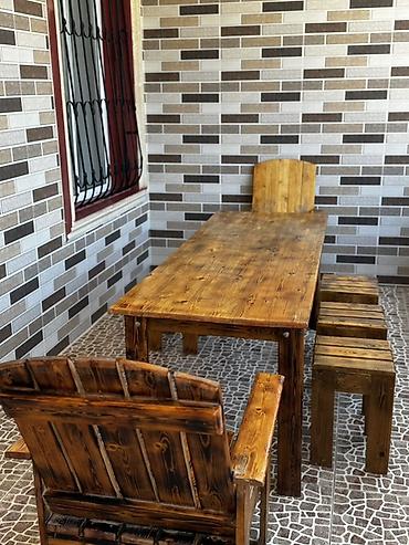 taxtalar: Rustik massiv ağacdan bağ/teras mebel dəsti Tərkib: - 1 ədəd böyük — 7