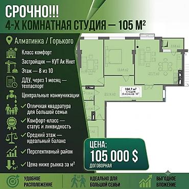 4 комнаты, 105 м², ул. Горького / Алматинка 8 этаж, Евроремонт
